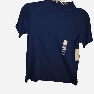 NWT Studio Works Navy Blue Mock Neck Short Sleeve Top - Size Medium